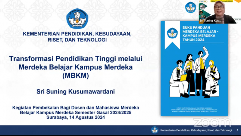 Direktur Belmawa Kemendikbudristek Sri Suning Kusumawardani memberikan penguatan dalam pelatihan dasar MBKM UNESA.